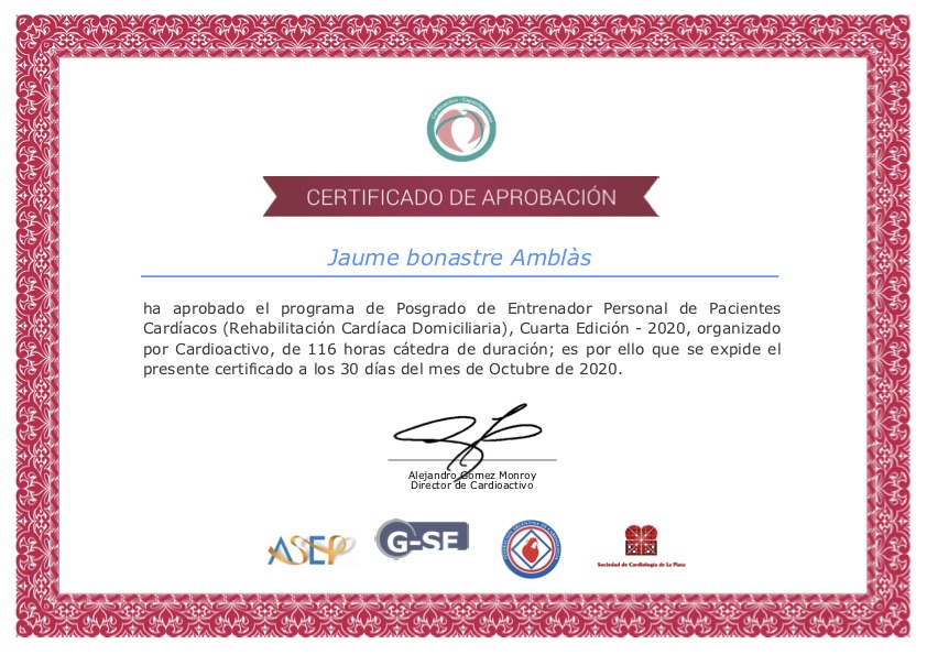 Jaume Bonastre certificado Posgrado de Entrenador Personal de Pacientes Cardíacos - Rehabilitación Cardíaca Domiciliaria